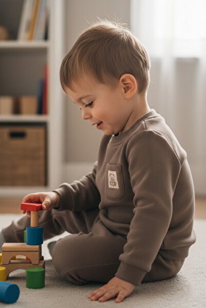 bebegen Set de 2 piese pentru băieți, maro, cu ursuleț brodat și trei șnururi