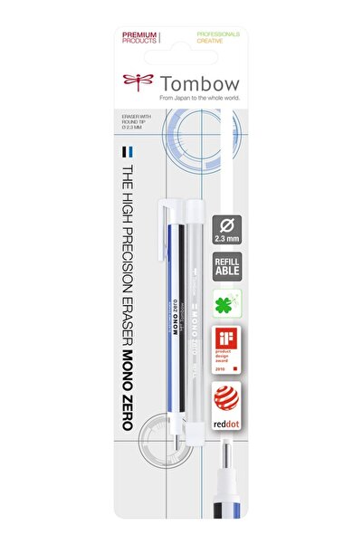 Tombow Radieră tip creion cu vârf rotund alb/albastru/negru + 2 rezerve