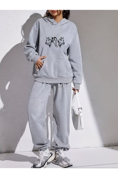 LELVANİ Women's Horse Printed Tracksuit Set with Hood