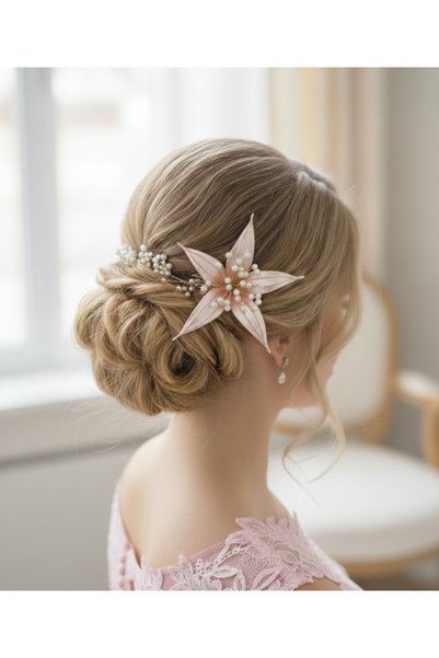 Mirnova Pink Flower Model Bride Hairpin and Groom Boutonniere-Comb Clip-Hair Accessory