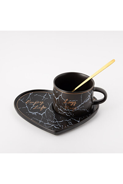 Moon House Set de 6 căni ceramice cu farfurie în formă de inimă - Negru