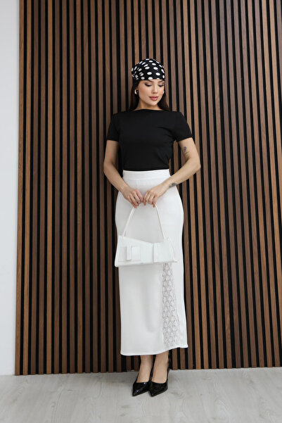 The Robi Women's White High Waist Long Pencil Skirt with Side Lace Detail