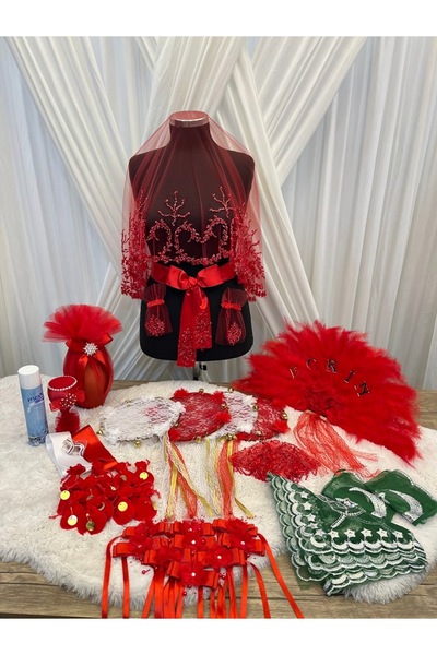 ecrin tuhafiye hobi Kırmızı 278 Parça Lüks Kına Gecesi Seti Gelin Damat Duvak...