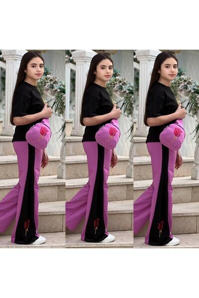 Lucky kidswear GÜL DETAYLI TAŞ İŞLEMELİ ÇANTALI PENYE KIZ TAKIMLAR