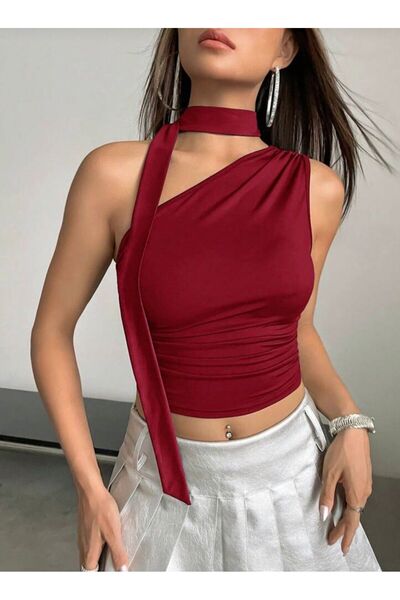 MEGOMEL One-Shoulder Neck Tie Detail Gathered Blouse