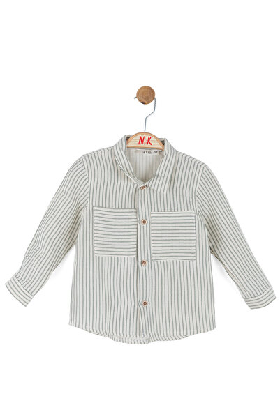 NK قميص مخطط بأكمام طويلة للأطفال من عمر 1-4 سنوات، لون كريمي-كاكي