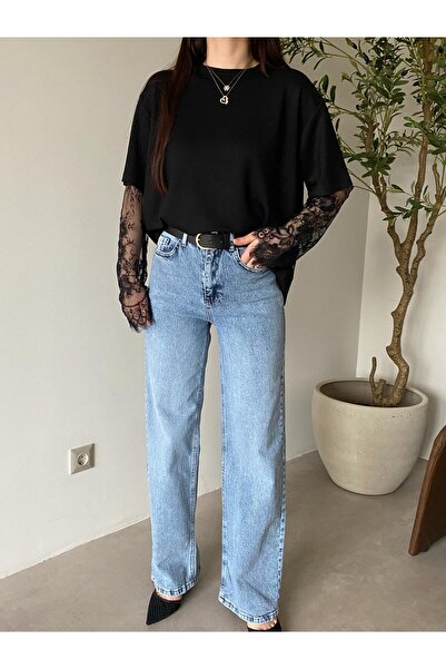 Bade Butik Taşlanmış Yüksek Bel Kemerli Straight Jean