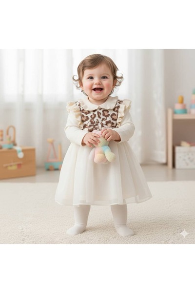 Valia Baby %100 Organik Pamuklu Leopar Desenli Tüllü Triko Elbise