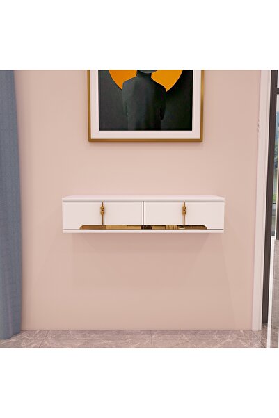 morepp Roza 90 cm Kapaklı, Raflı ,Duvara Monte Dresuar Makyaj Masası beyaz-altın