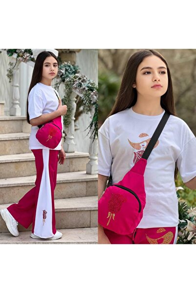 Lucky kidswear Combed Cotton Girls' Sets with Rose-Detail Stone-Embellished Bag