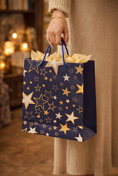 BİLGİ K K Lüks Karton Çanta İpli lacivert yıldız Desenli Hediyelik Çanta 26x3...