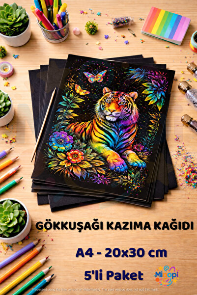 Minopi A4 Gökkuşağı Kazıma Kağıdı 5'li Okul Etkinliği | Ahşap Kalem Scratch A...