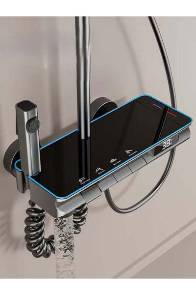 LuxeAura LED Shower Column Set Gray-Black Matte | Piano Controls & Thermometer