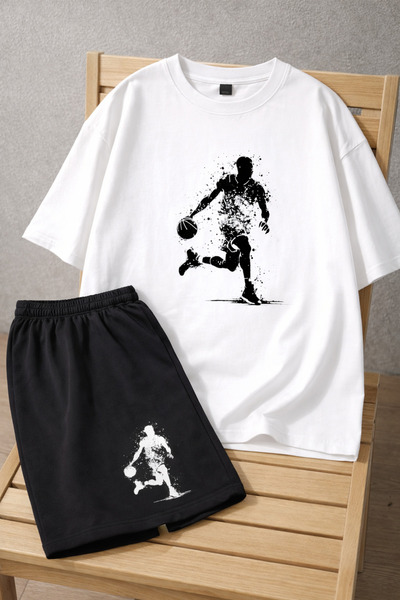 CONSTRAİN طقم كرة السلة للرجال يتكون من تي شيرت أبيض كبير الحجم وشورت أسود