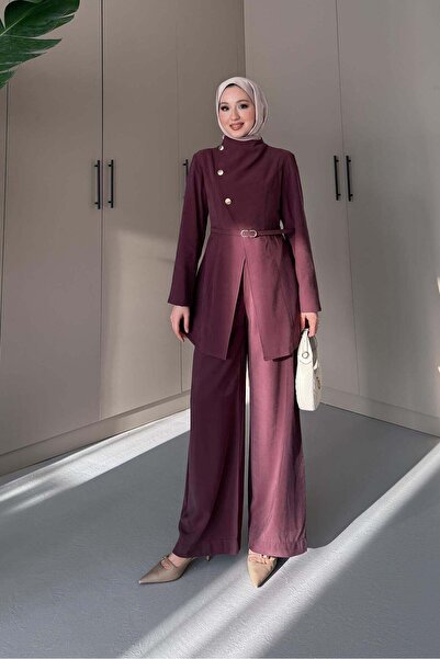 Rimel Moda Madam Gold Düğmeli Takım Bordo
