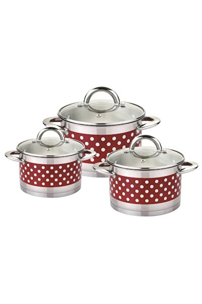 Bachmayer Set of Red Stainless Steel Pots with Dots, 3 pieces