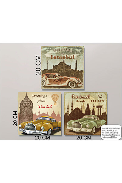 Hayat Poster Istanbul Sights and Classic Cars Mdf Painting Set Triple Retro W...