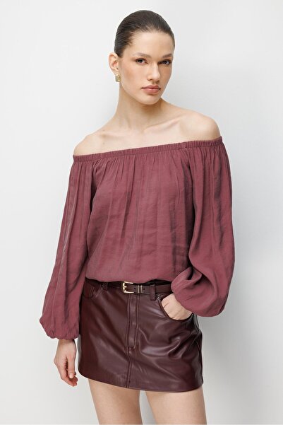 Mixray 4819 Women's Madonna Collar Modal Blouse Plum