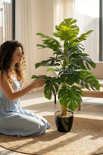Yapay Çiçek Deposu Siyah Saksıda Yapay Deve Tabanı Ağacı 19 Yapraklı 120 cm