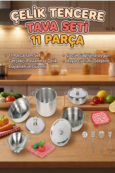 craftivio 11 Parça Metal Oyuncak Tencere Tava Seti - Paslanmaz Çelik Gerçekçi...