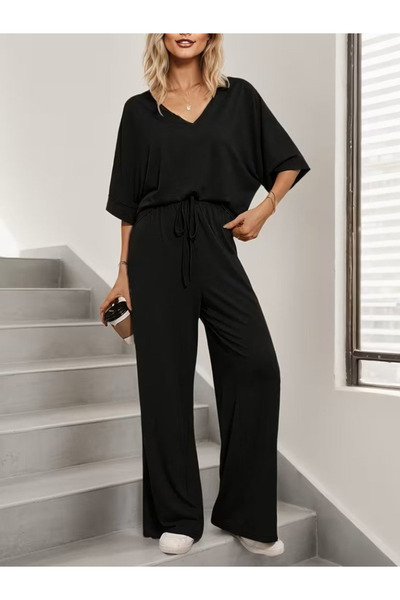 JANES Women's Short Sleeve V-Neck Viscose Blouse and Trousers Two-Piece Set