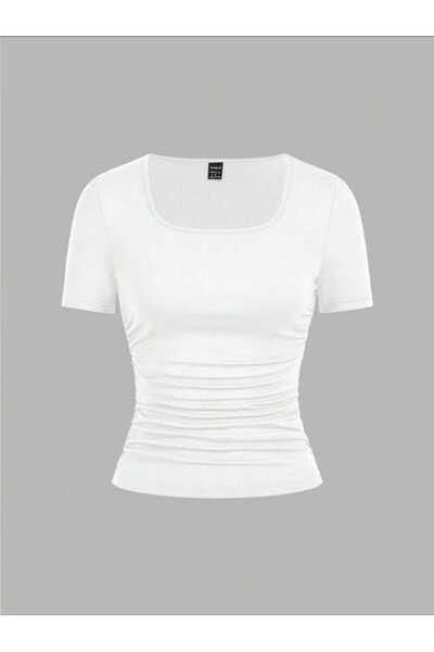 EVOA Women's Square Neck Short Sleeve Draped Blouse