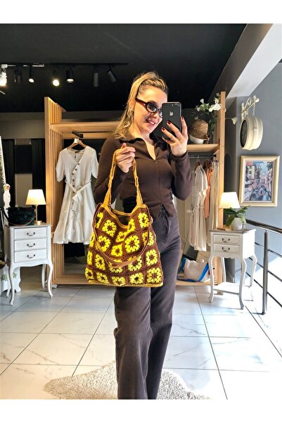 Gözde Tasarım Butik Women's Brown Motifed Handmade Lininged Motifed Crochet C...