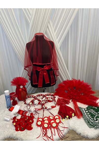 e-Turan AVM Kırmızı 284 Parça Lüks Kına Gecesi Seti Gelin Damat Duvak Seti Kı...