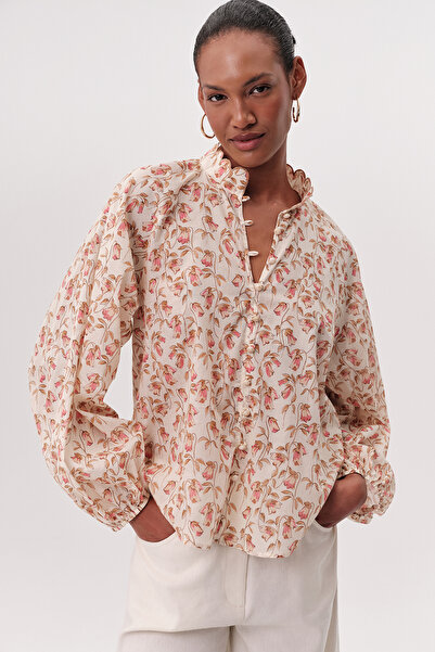 Exquise Stand Collar Embroidered Buttoned Patterned Regular Shirt