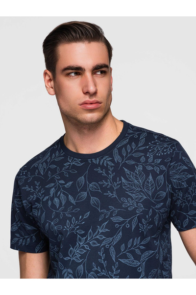 OMBRE Floral Print Cotton T-Shirt OM-TSFP-0262 Navy Blue