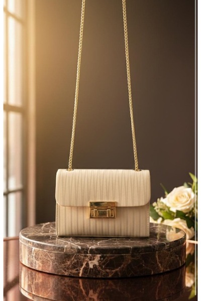 addy Krem Çizgili Desenli Gold Zincir Askılı Portföy Omuz Ve El Çantası E19B13