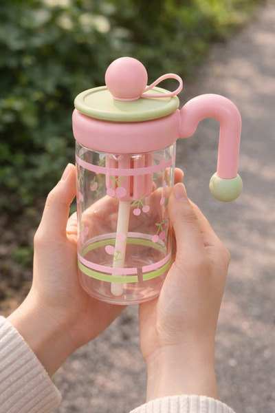 Akormia Taşınabilir Süzgeçli ve Pipetli Cam Matara Su Şişesi - Yeşil