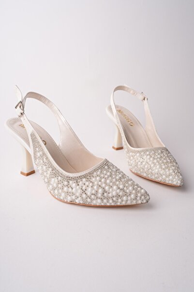 MUGGO Elegant Stone and Pearl Embellished Open-Back Heeled Evening Dress Shoes