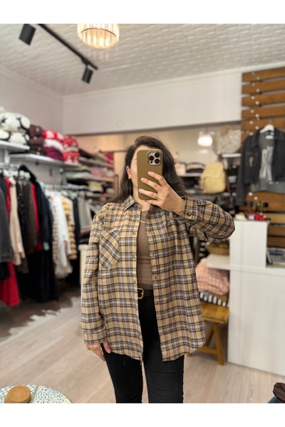 ALVWOMAN Açık Kahverengi Gri Ekose Kadın Gömlek