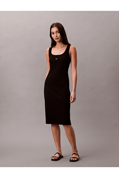 Calvin Klein Sleeveless Baby Twill Label Square Collar Women Black Dress Lv04...