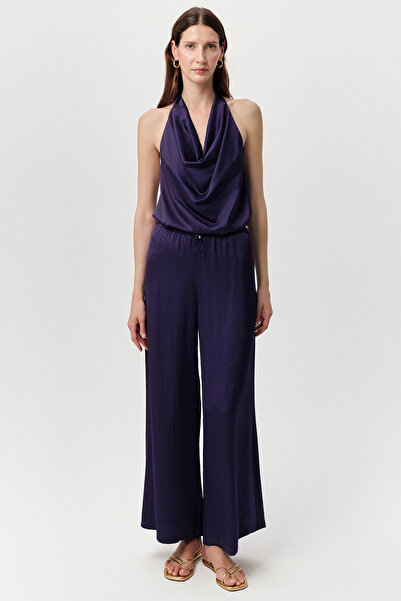 Exquise Wide-Leg Satin Look Regular Trousers with Tie Waist