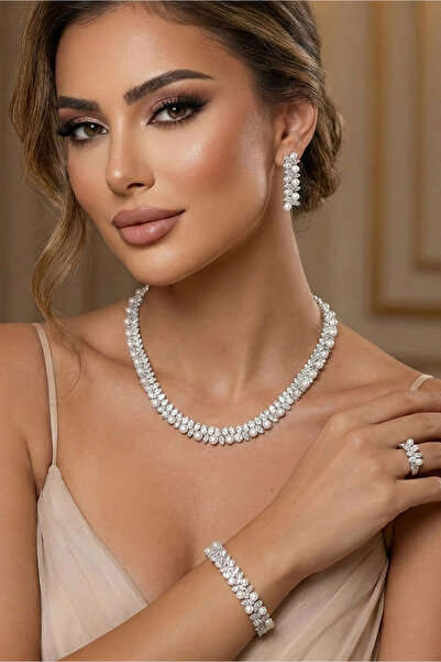 Happyline Gümüş Kaplama İncili Zirkon Taşlı Pırlanta Modeli Küpe Kolye Yüzük ...