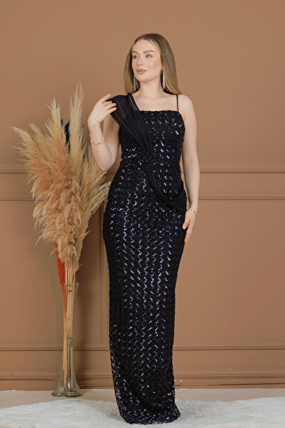 BEYBOS Sequin Fabric Shawl Detailed Evening Dress - Black