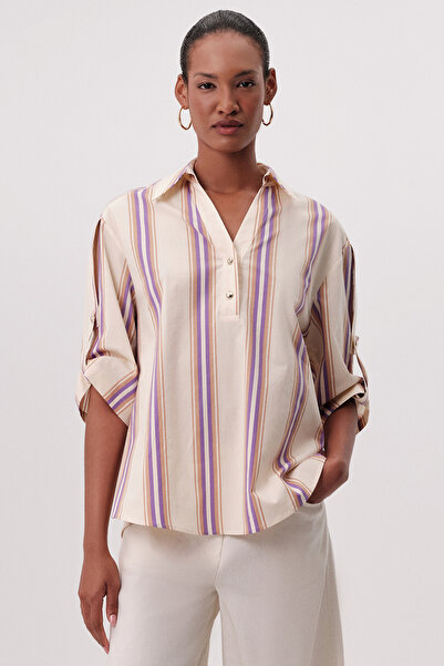 Exquise Shirt Collar Short Sleeve Patterned Buttoned Regular Blouse