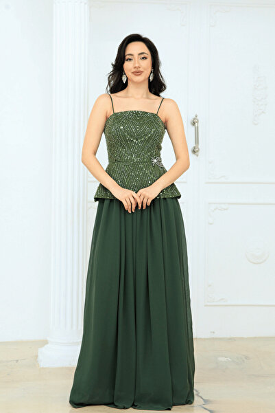 BEYBOS Top Beaded Fabric Bottom Chiffon Designer Dress - Khaki Green