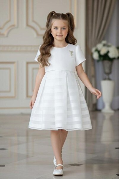 Alesaei-mondo tondo (فستان بناتي ابيض بخطوط عرضية 7304)