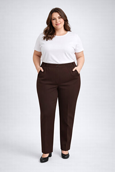 cheen Pantaloni de damă maro, mărime mare, cu talie elastică și picior tubular