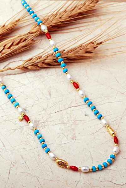 Sümer Telkari Firuze, İnci Ve Mercan Taşlı Altın Yaldızlı 925 Ayar Gümüş Dizg...