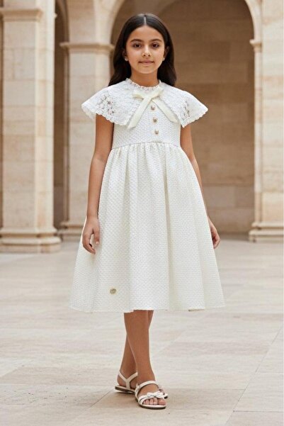 Alesaei-mondo tondo (فستان بناتي ابيض ناعم ياقة مزخرفة 7290)