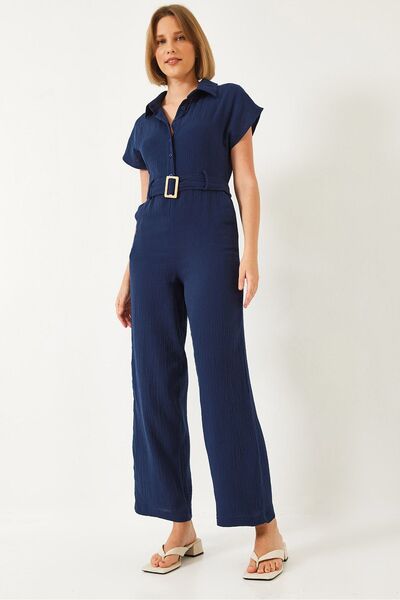 Hiccup Long Poplin jumpsuit with shirt collar and button closure