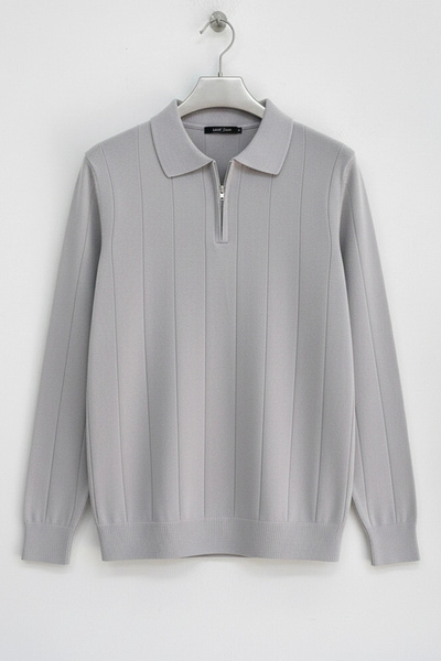 Edwox Men's Half Zipper Polo Collar Regular Fit Sweater Gray Cd101