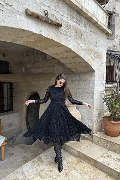 Sorridi Boat Neck Floral Patterned Asymmetrical Cut Midi Dress