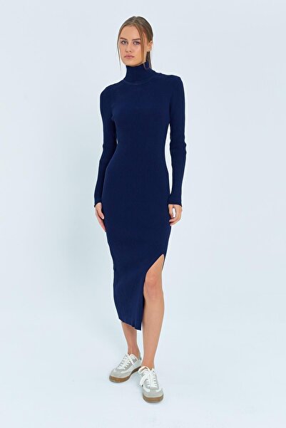 Hiccup Mixray knitted midi dress with high collar and slit