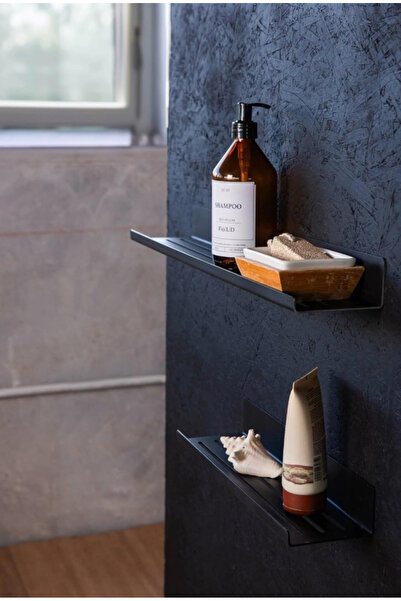 AYGÖREN HOME 2'li Yapışkanlı Siyah Metal Banyo Rafı Seti Delmeden Duvara Mont...