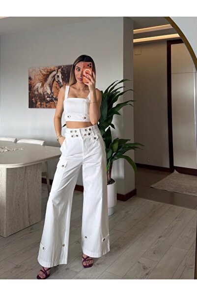Jungle Düğme Detaylı Premium Tasarım Bluz Pantolon Beyaz Takım